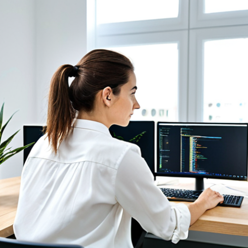 Home 11 **
"A professional female software engineer in a modern office, coding at her desk. She is wearing a modest business casual outfit - a blouse and trousers. The office is bright and clean, filled with computer screens and plants. Safe for work, appropriate content, fully clothed, professional, perfect anatomy, correct proportions, well-formed hands, natural pose, high quality."
**