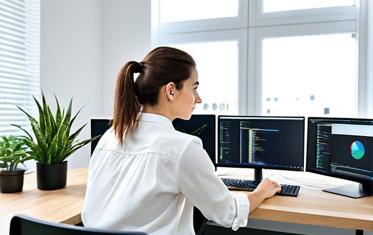 **

"A professional female software engineer in a modern office, coding at her desk. She is wearing a modest business casual outfit - a blouse and trousers. The office is bright and clean, filled with computer screens and plants.  Safe for work, appropriate content, fully clothed, professional, perfect anatomy, correct proportions, well-formed hands, natural pose, high quality."

**