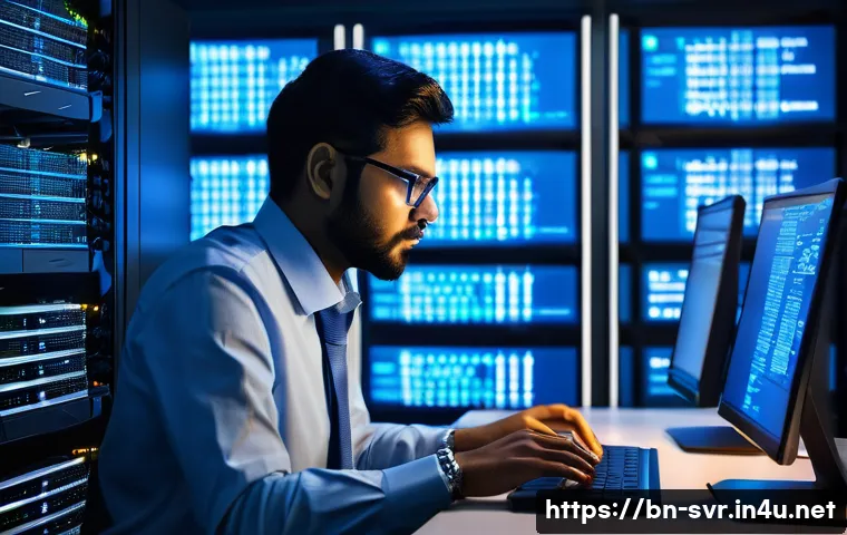 서버에서 자주 사용하는 명령어 모음 - A detailed digital illustration of a Bengali server administrator in a modern server room, attentive...