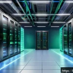 Home 20 서버를 위한 로드 밸런싱 도구 비교 - A detailed and vibrant illustration of a modern data center with multiple servers interconnected, sh...