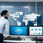 Home 18 서버 데이터 마이그레이션 가이드 - A professional data migration team in a modern office environment, collaborating around multiple com...