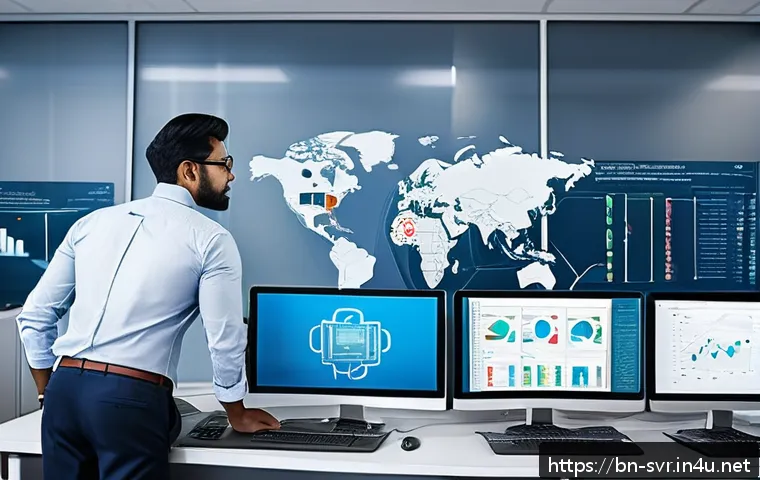 서버 데이터 마이그레이션 가이드 - A professional data migration team in a modern office environment, collaborating around multiple com...